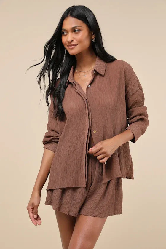 Style Update Brown Long Sleeve Button-Up Top