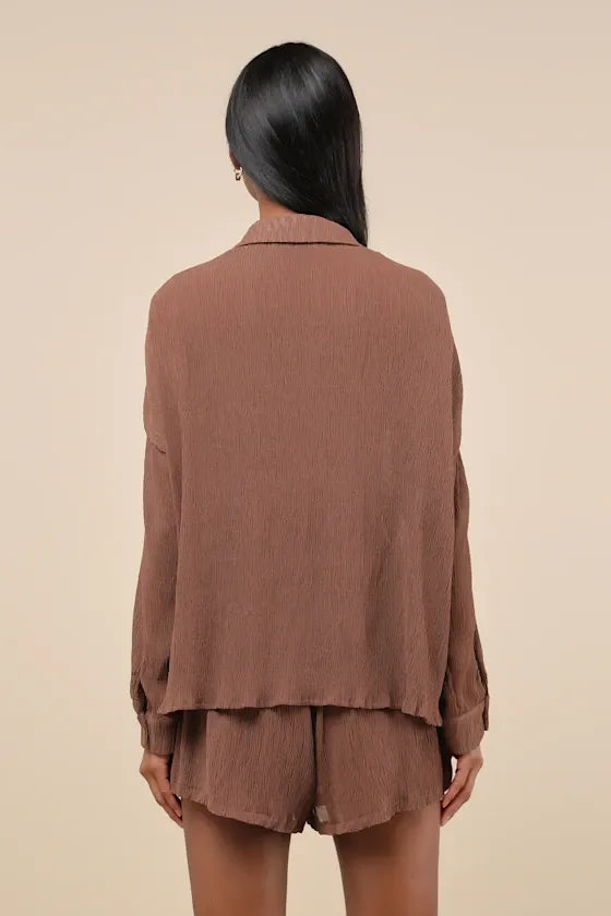 Style Update Brown Long Sleeve Button-Up Top