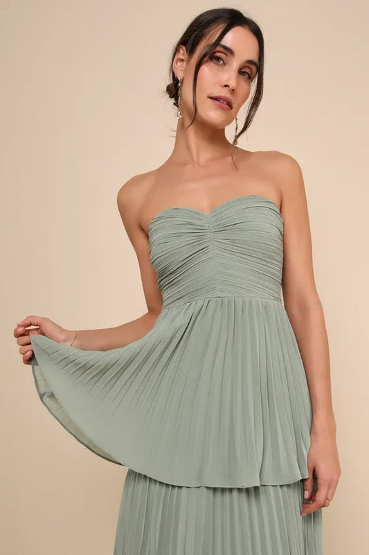 Seriously Sensational Sage Brush Strapless Tiered Maxi Dress
