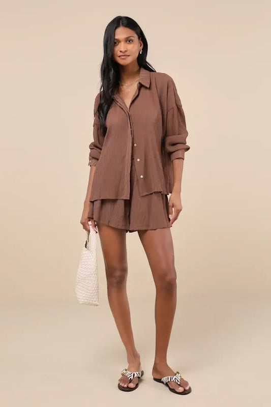 Style Update Brown Long Sleeve Button-Up Top