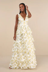 Aesthetic Aura Ivory and Yellow Floral Burnout Tiered Maxi Dress