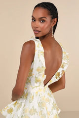 Aesthetic Aura Ivory and Yellow Floral Burnout Tiered Maxi Dress