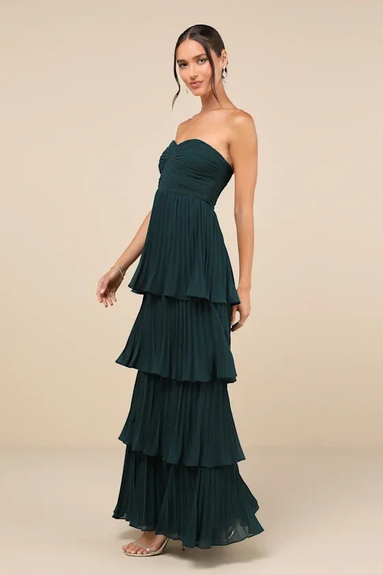 Seriously Sensational Emerald Strapless Tiered Maxi Dress
