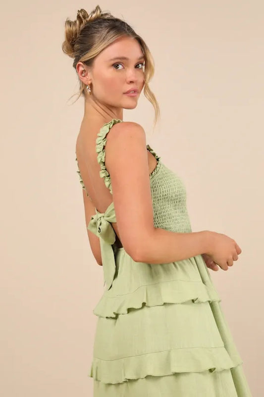 Super Sweet Lime Green Smocked Ruffled Tie-Back Mini Dress