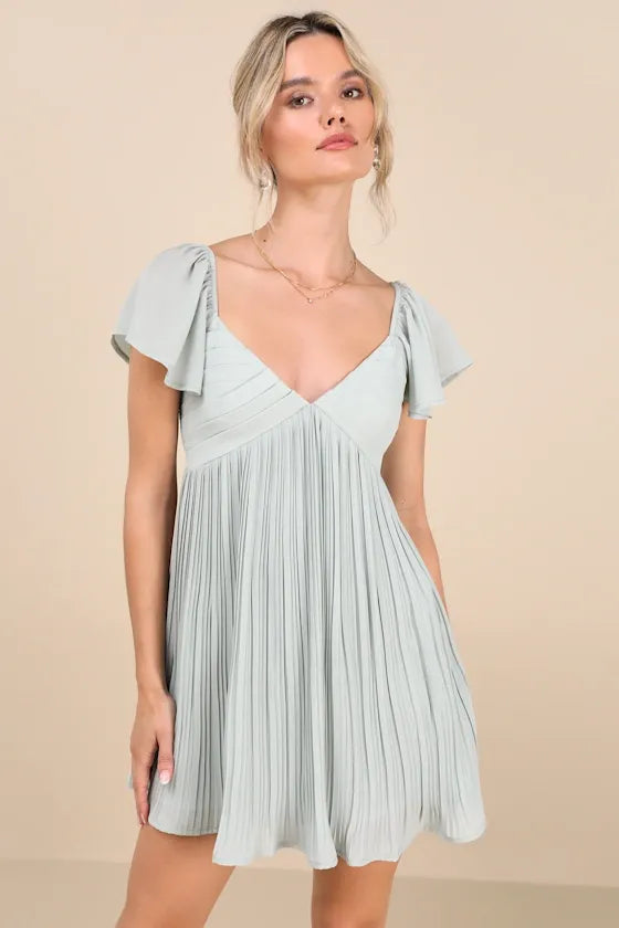Amalfi Coast Mint Blue Pleated Flutter Sleeve Mini Dress
