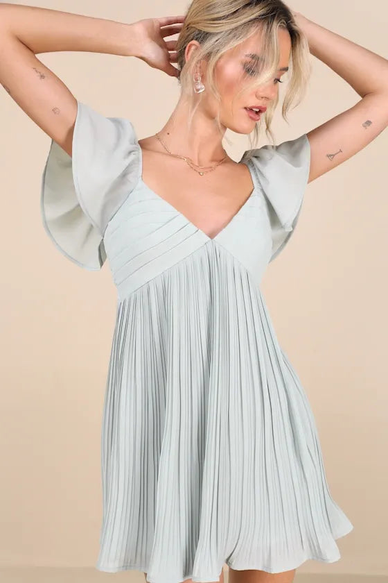 Amalfi Coast Mint Blue Pleated Flutter Sleeve Mini Dress
