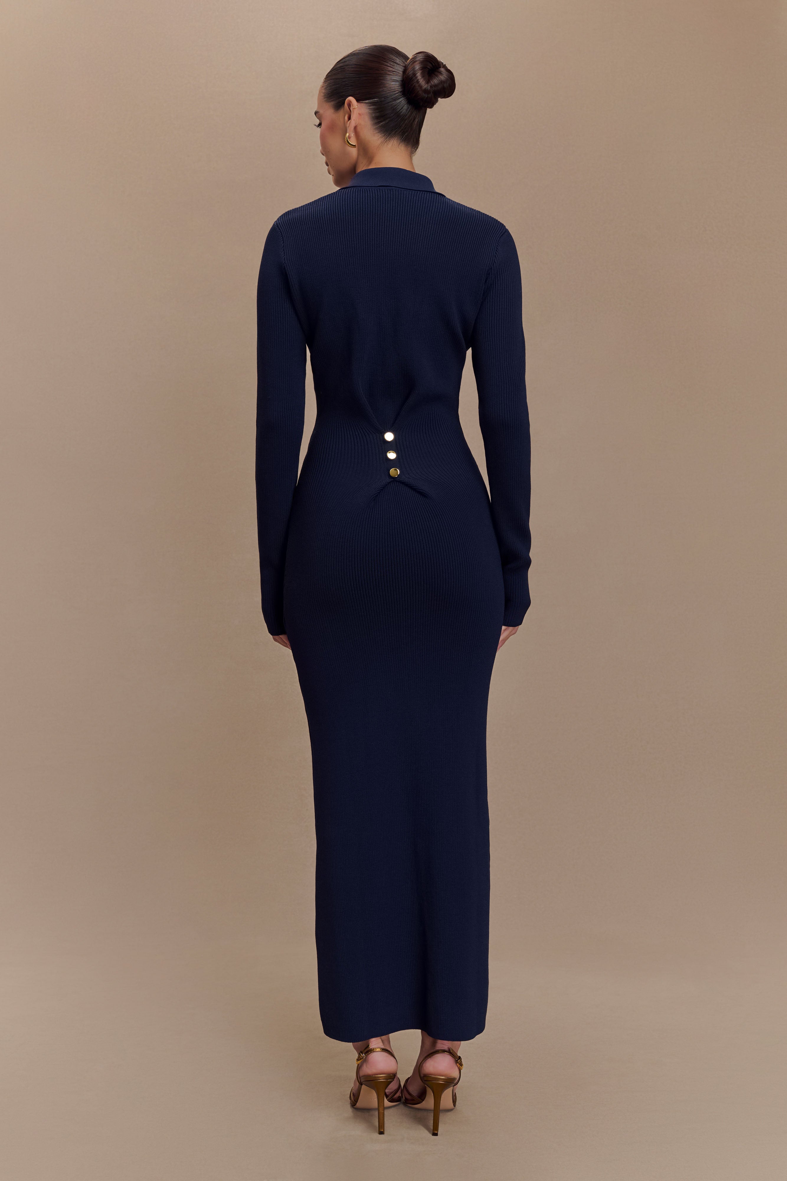 Abbey Buttoned Knit Midi Dress - Navy