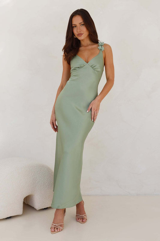 Silken Twilight Satin Maxi Dress Sage