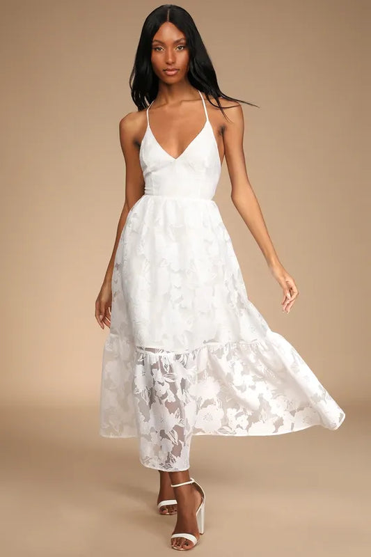 Feeling Like Forever White Jacquard Organza Lace-Up Midi Dress