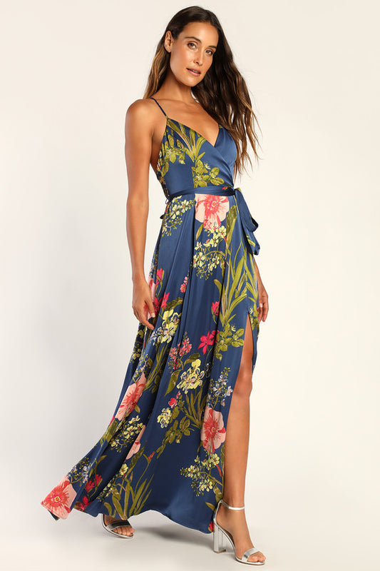 Still the One Blue Floral Print Satin Maxi Dress